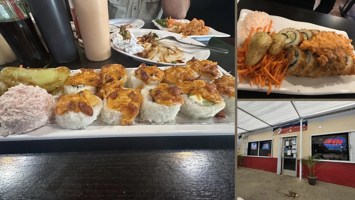 Dine-in table with sushi and drinks.