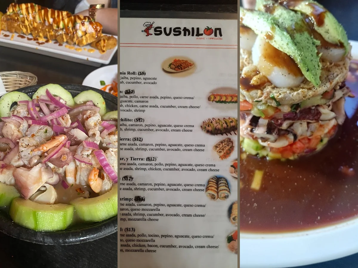 Fresh mariscos served beside sushi rolls.