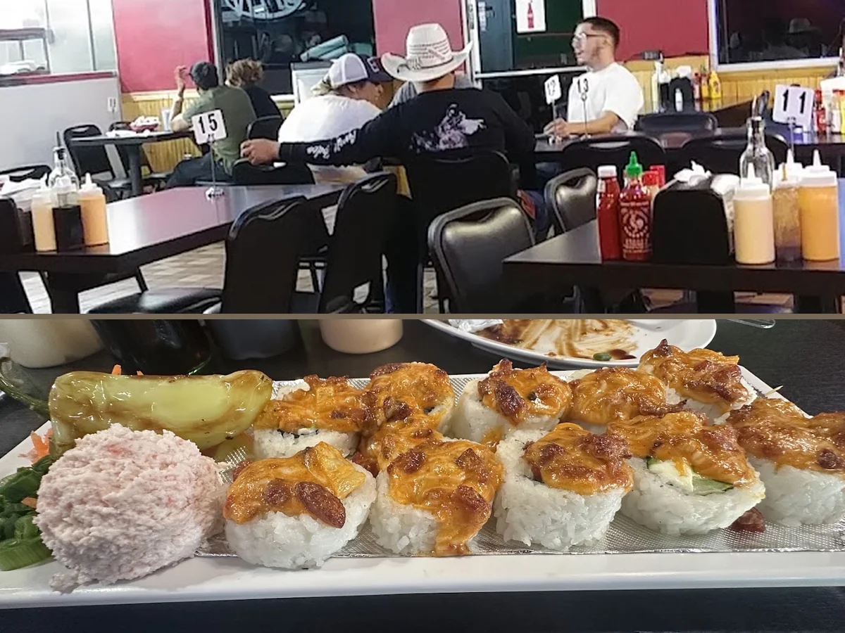 Seafood platter with bright sauces and garnish.