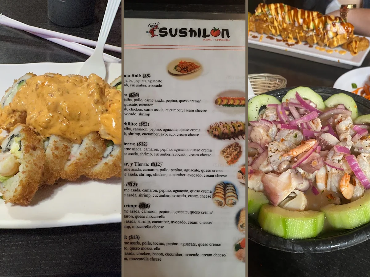 Dine-in table with sushi and drinks.