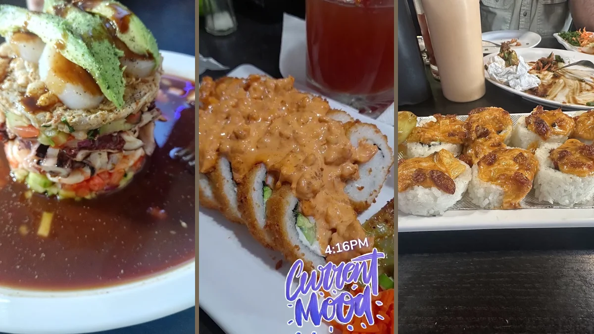 Colorful sushi rolls on a restaurant plate.