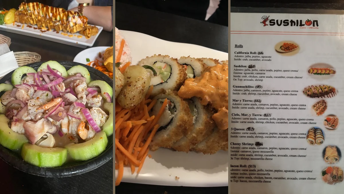 Seafood platter with bright sauces and garnish.