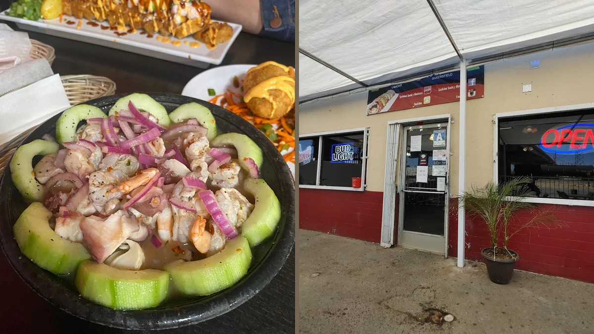 Fresh mariscos served beside sushi rolls.