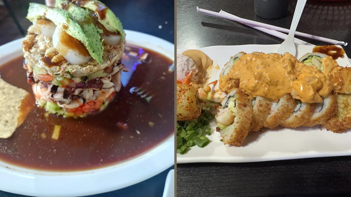 Colorful sushi rolls on a restaurant plate.