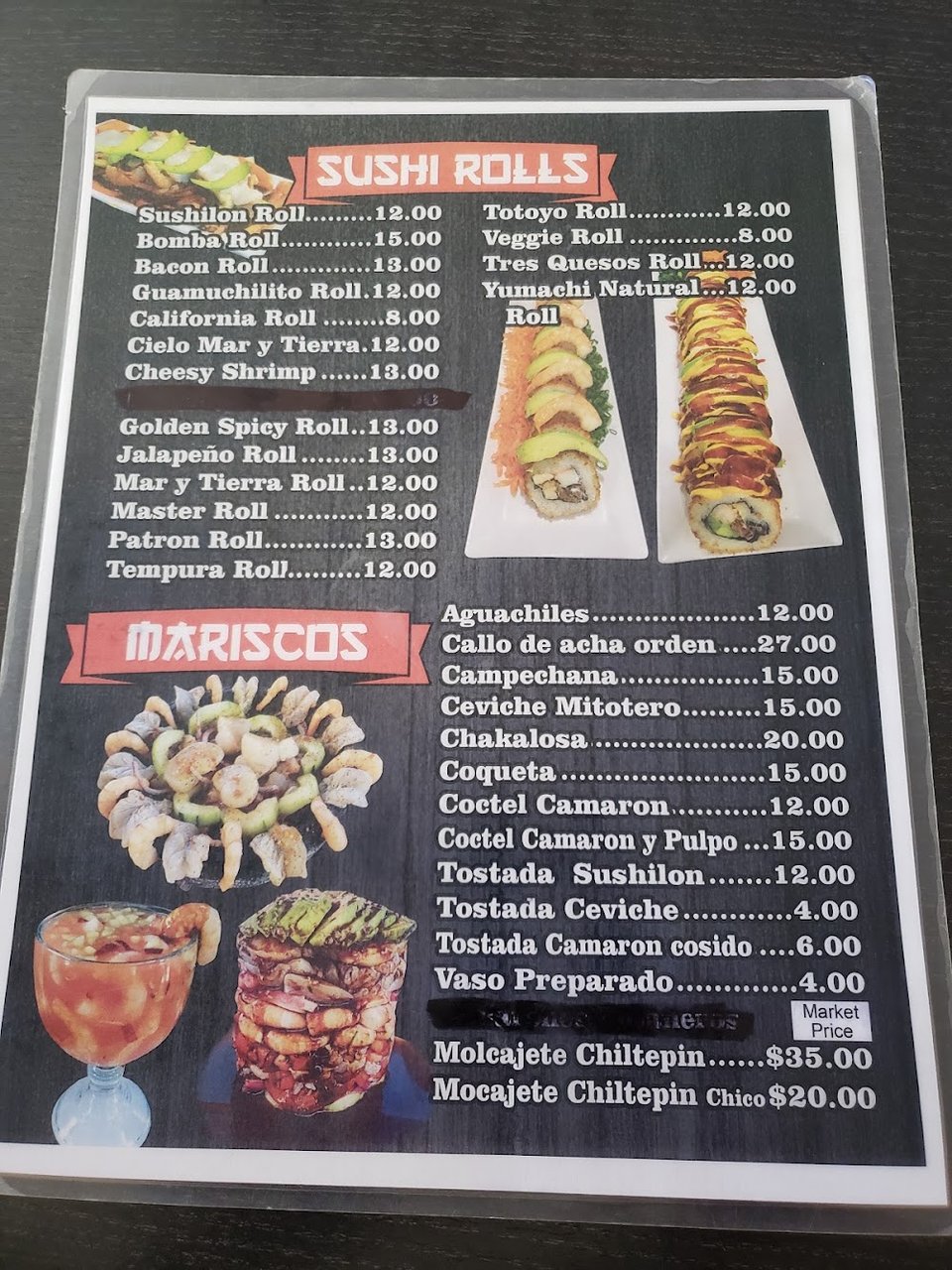 Menu page for appetizers and sushi rolls.