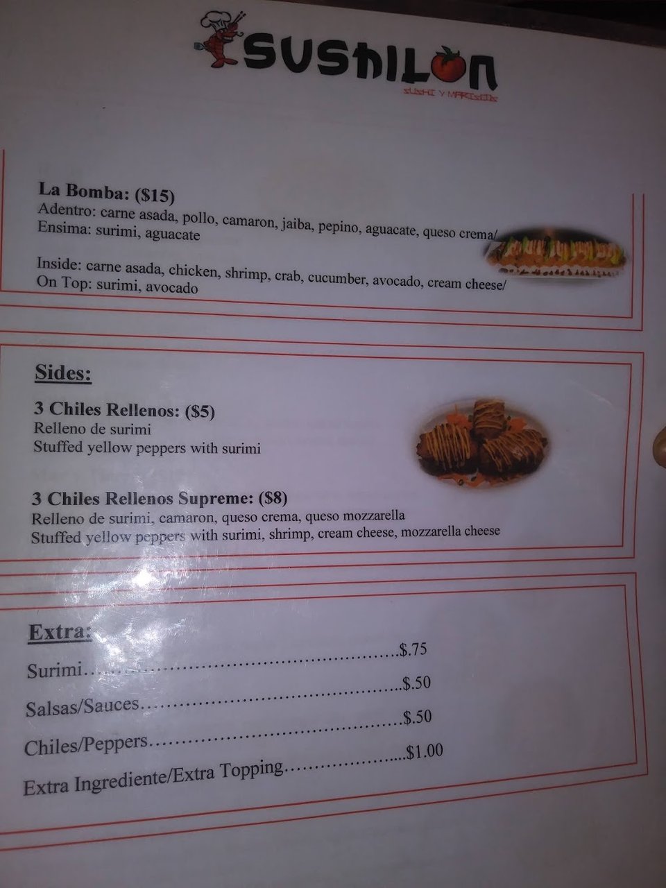 Printed menu beside a plated seafood dish.