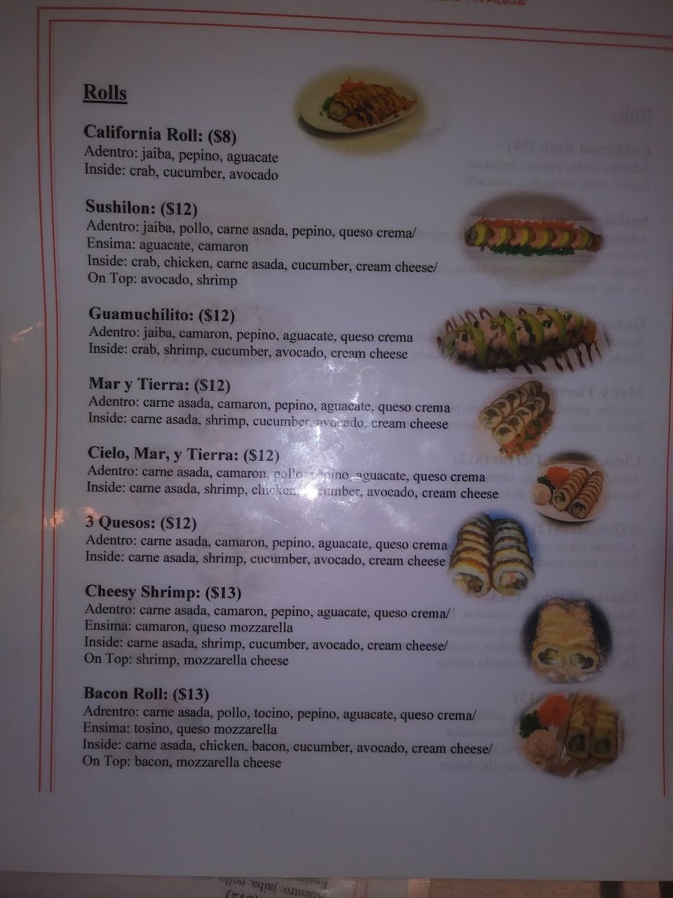 Restaurant menu highlighting seafood and sushi.